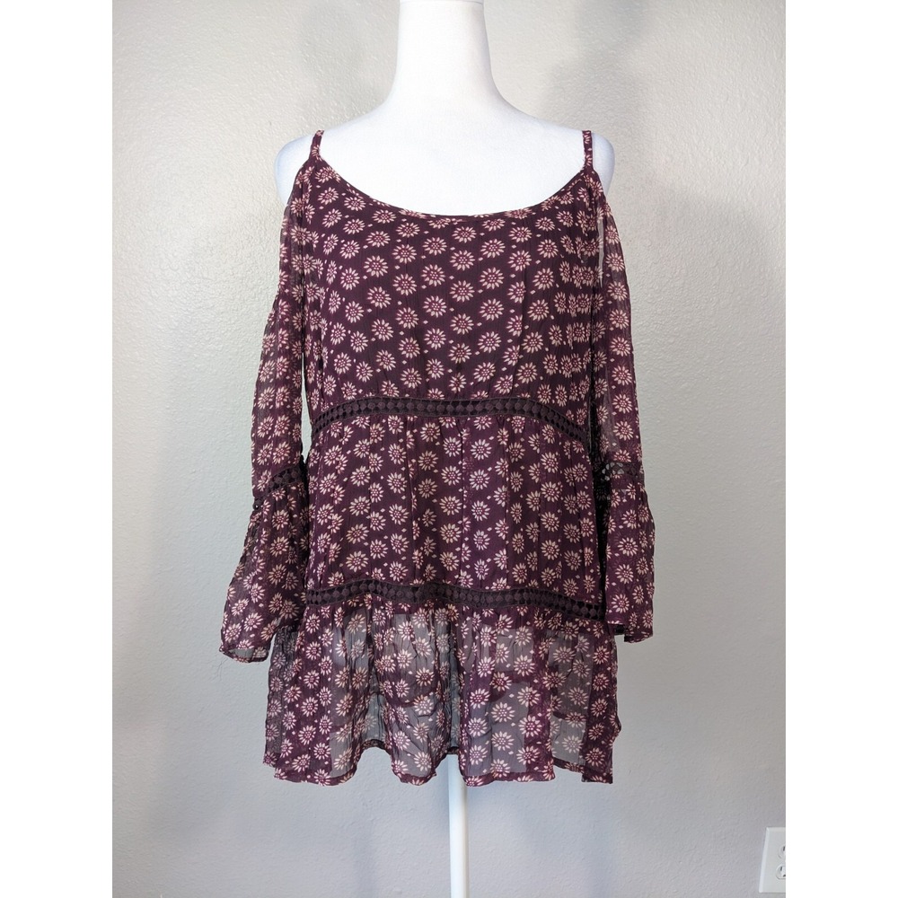 Lucky Brand‎  S Floral Print Off Shoulder Flare Half Sleeve Top Boho Blouse N22